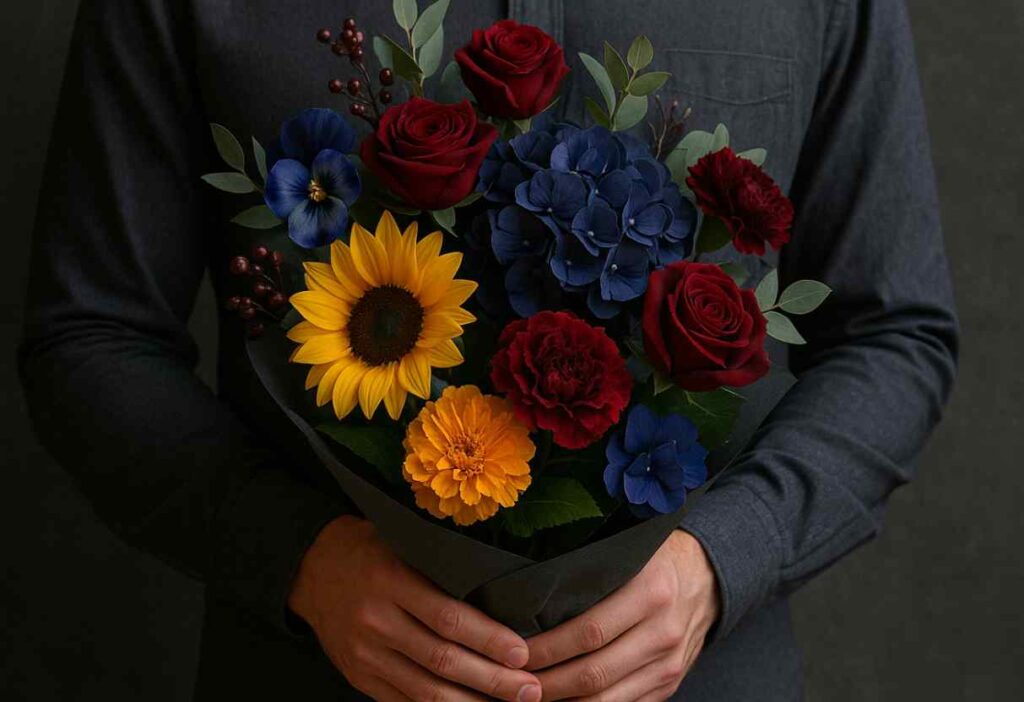 homem segurando flores