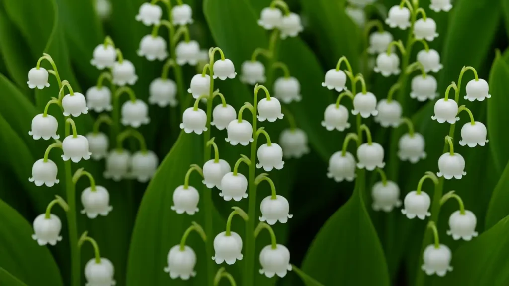 Close-up de vários lírios-do-vale com pequenas flores brancas em formato de sino, agrupadas em hastes arqueadas, cercadas por folhas verdes largas.