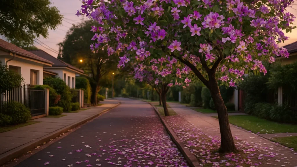 Árvore pata de vaca para calçada florida, com flores rosas e copas verdes, em bairro residencial aconchegante.