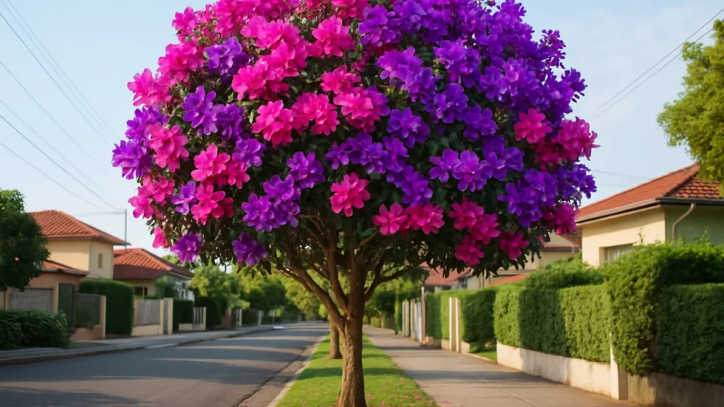 Árvore quaresmeira florida na calçada, com flores roxas e rosas, iluminada naturalmente.