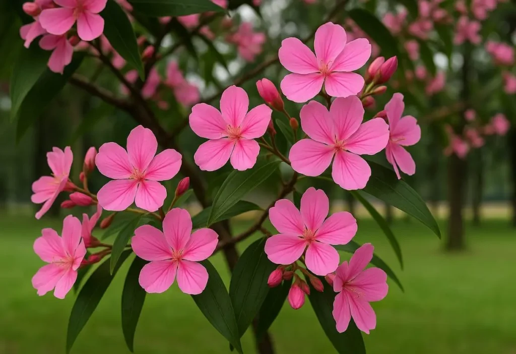 Ramo de manacá-da-serra com flores rosa vibrantes e folhas alongadas verde-escuras, fotografado em ambiente externo com gramado ao fundo.