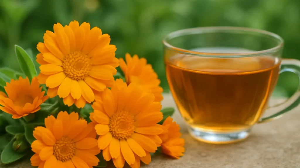 Flores frescas de calêndula e xícara de chá, destacando calêndula para que serve.
