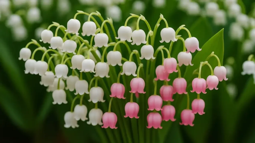 Ramo de flores lírio-do-vale com campânulas brancas e rosas pendendo de hastes verdes, sobre fundo desfocado de folhagem verde vibrante.