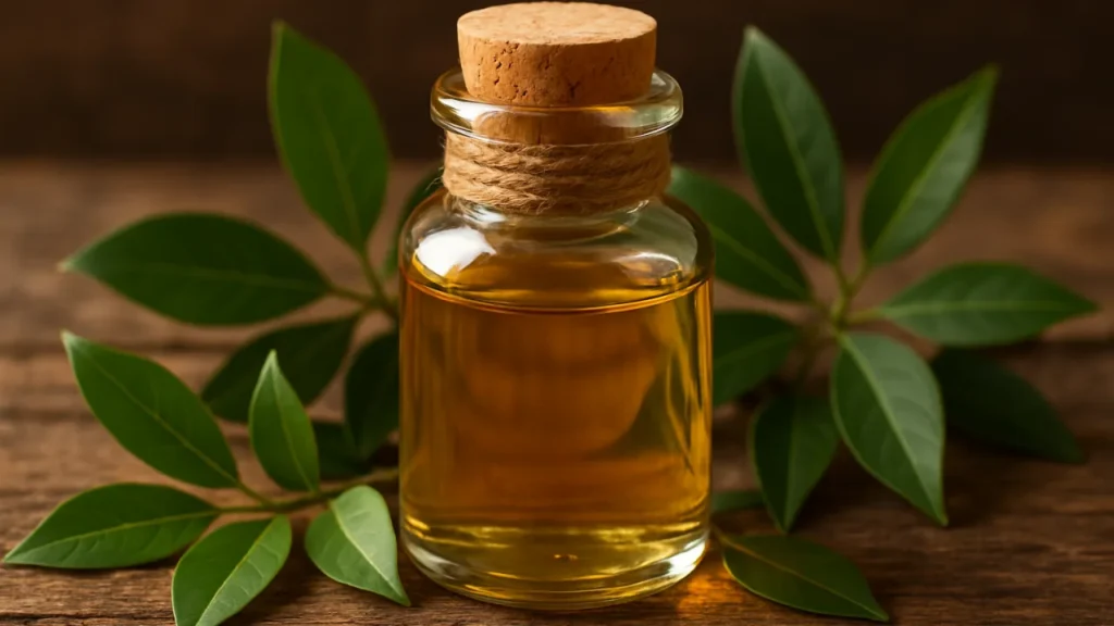 Frasco de óleo de copaíba em madeira com folhas, essência natural - copaíba para que serve