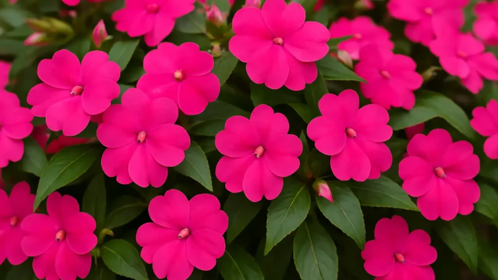 Fotografia de um grupo de flores impatiens cor-de-rosa vibrantes, com pétalas arredondadas e folhas verdes ovais, capturadas em um jardim com iluminação suave.