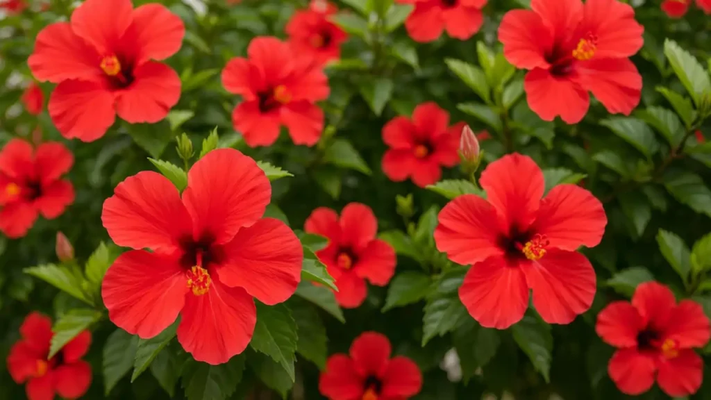 imagem mostrando diversas flores de hibisco em pleno florescimento, com pétalas vermelhas vibrantes e estames amarelos, contrastando com folhas verdes brilhantes ao fu