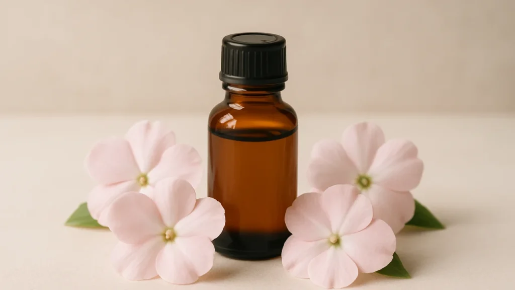 Frasco de vidro âmbar de 30ml com flores de impatiens, luz suave e fundo neutro, impatiens floral para que serve.