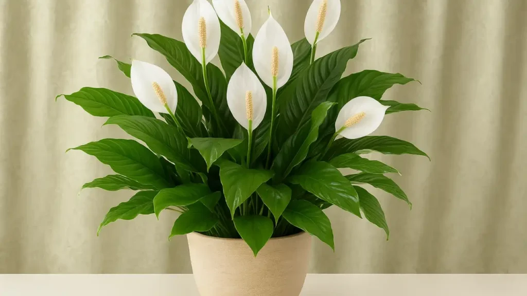 Texto alternativo: Uma fotografia mostra um lírio-da-paz (Spathiphyllum) com folhas verdes exuberantes e elegantes espatas brancas em plena floração, dispostos em um vaso de cerâmica redondo e de cor clara, colocado em ambientes internos, contra um fundo de cortina com padrões suaves.