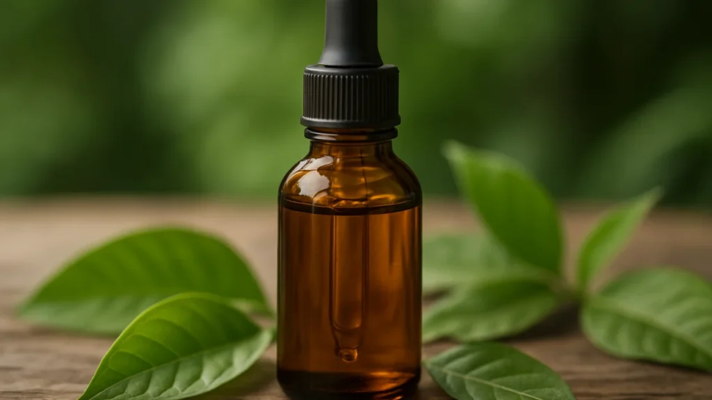 Frasco de óleo de andiroba âmbar com conta gotas, folhagem verde para que serve natural.