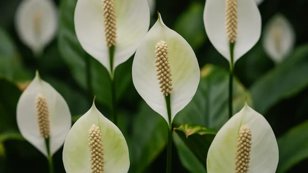 Várias flores de lírio da paz com pétalas brancas e espádices bege se destacam entre folhas verdes escuras brilhantes em um jardim sombreado.