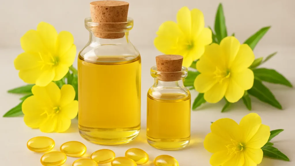 Frascos de óleo de prímula com cápsulas e flores ao redor, prímula para que serve natural.
