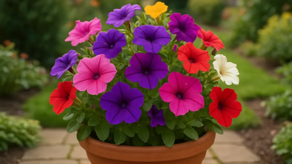 Vaso de petúnias coloridas em jardim, capturando o que significa a flor petúnia.