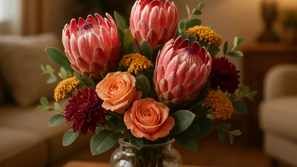 Arranjo com proteas destacando simbolismo da flor protea, texturas exóticas e ambiente aconchegante.