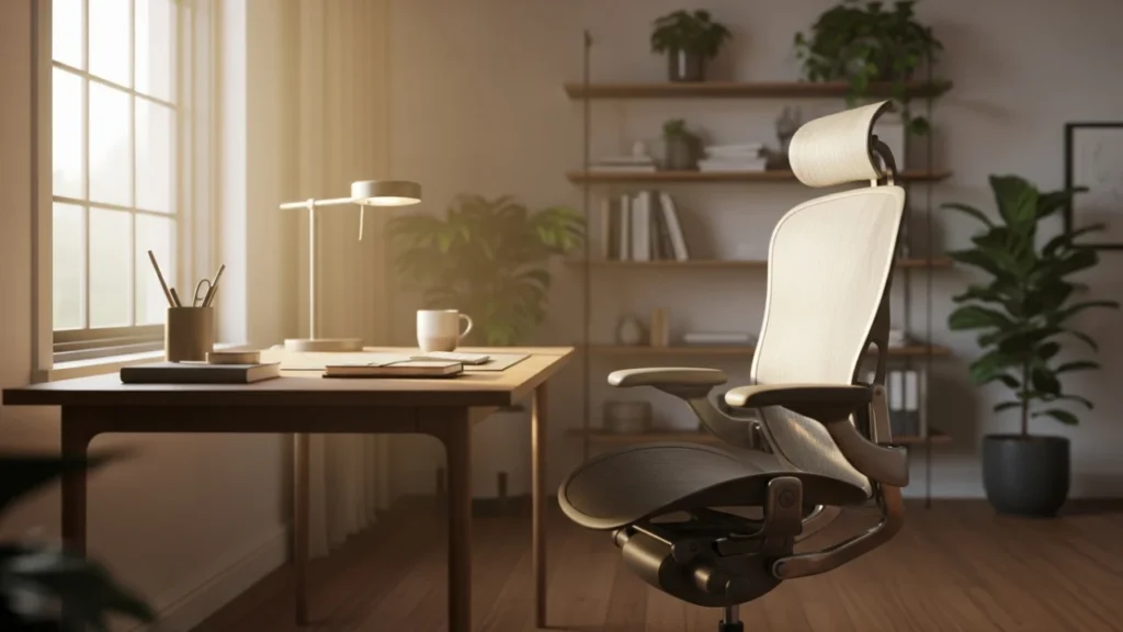Home office elegante e organizado com uma cadeira de escritório moderna em frente a uma mesa de madeira. A luz do sol entra pela janela, iluminando o ambiente.