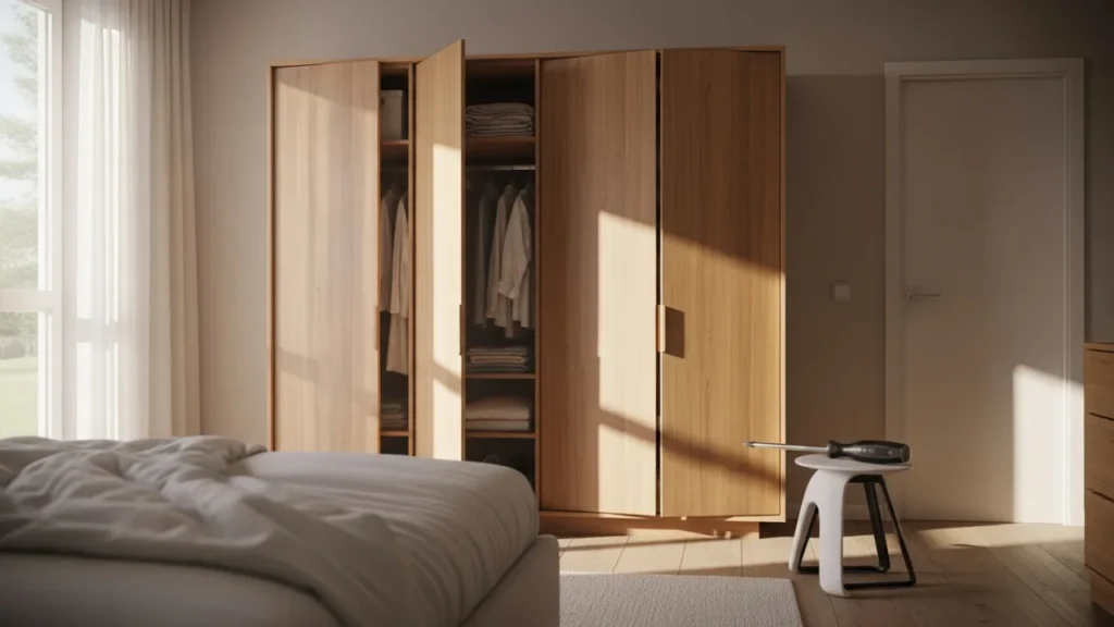 Guarda-roupa de madeira em um quarto organizado com luz natural. Uma porta está semiaberta e alinhada, com uma chave de fenda em um banco ao lado.