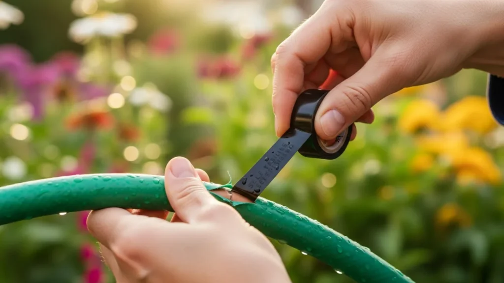 Close-up de mãos consertando um furo em uma mangueira de jardim verde usando uma fita preta. O fundo é um jardim verdejante e ensolarado, levemente desfocado.
