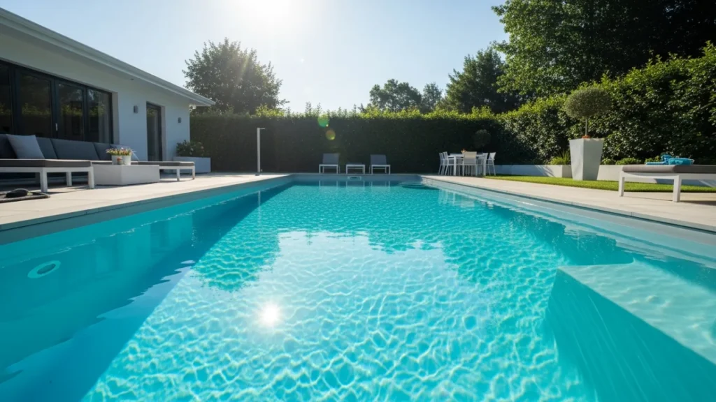 Piscina de fibra azul, com aparência de nova, com água cristalina refletindo o sol. A piscina está rodeada por um jardim verde e bem cuidado.