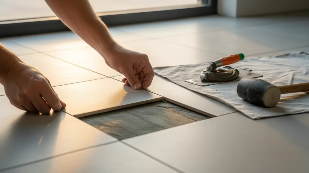 Close de mãos de uma pessoa assentando um piso novo de cerâmica no chão, no lugar de uma peça quebrada, com ferramentas de reparo ao lado.