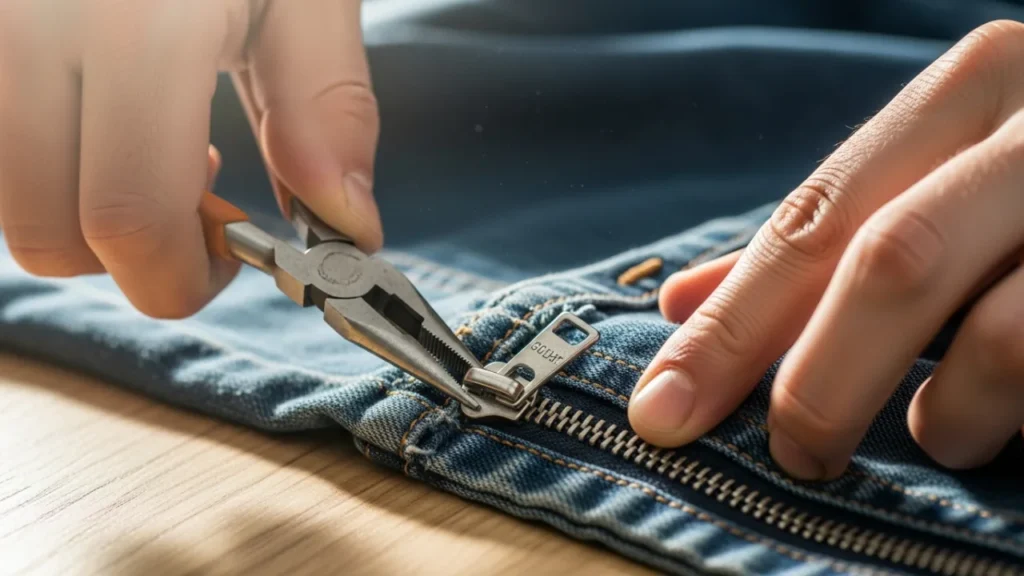 Close-up de mãos usando um alicate de bico fino para consertar o zíper de uma jaqueta jeans sobre uma superfície de madeira clara e iluminada.