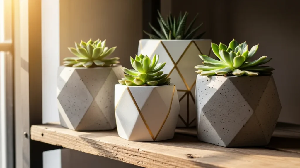 Vários vasos de cimento artesanais com suculentas, decorados com pintura geométrica e dourada, dispostos em uma prateleira de madeira sob luz solar suave.