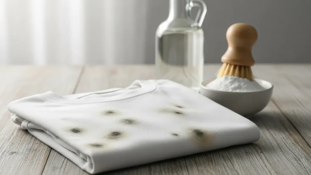Lavanderia clara e organizada em estilo escandinavo, com pilhas de roupas limpas e dobradas sobre uma bancada de madeira ao lado de um cesto de vime.